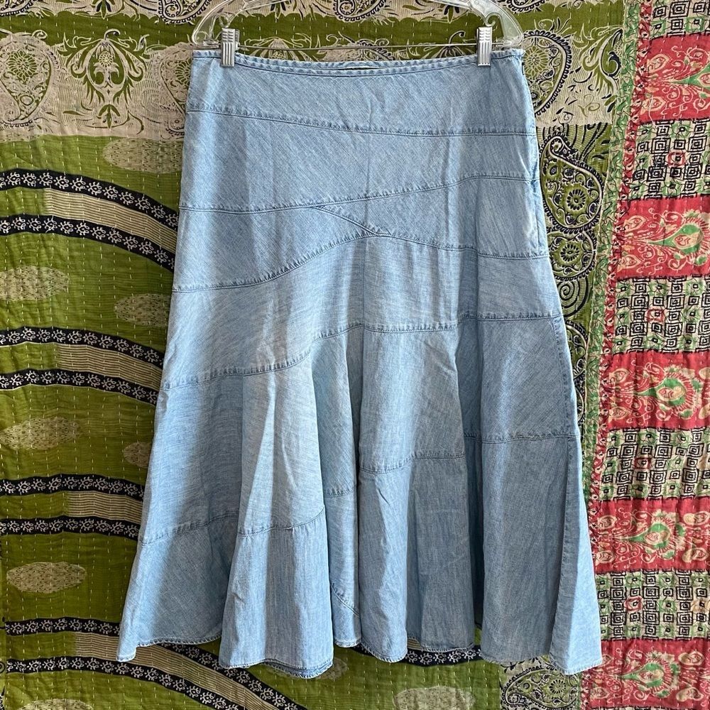 Vintage Ralph Lauren Blue Denim Tiered Flare Boho Farmhouse Midi Skirt Size 12